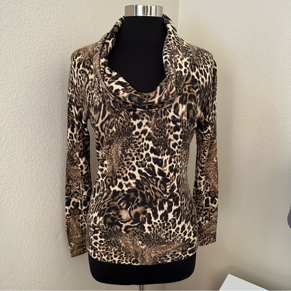 Lafayette 148 New York Cashmere Leopard Animal Print Cowl Neck Sweater Size L - Picture 1 of 11